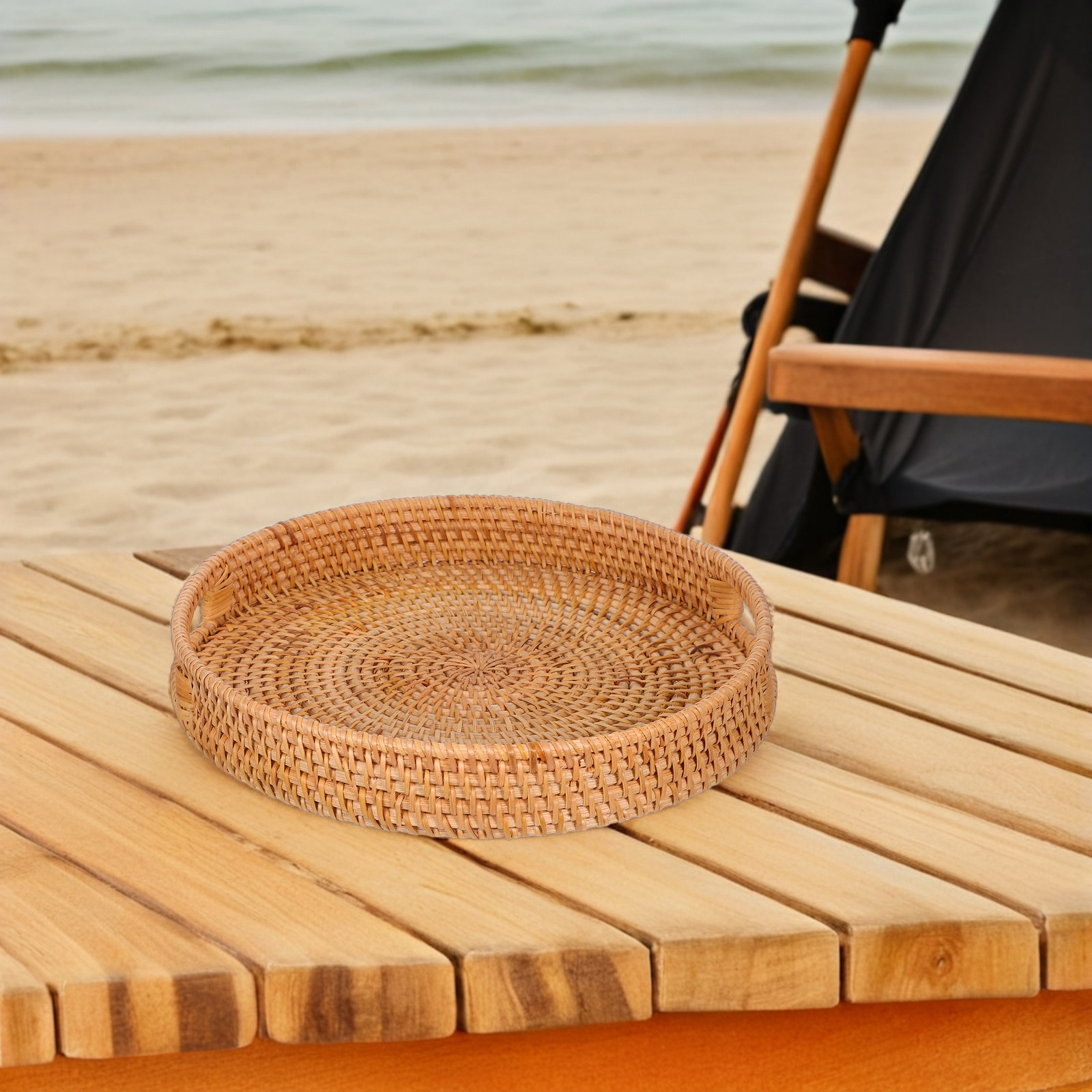 Grand plateau de service rond  - Rattan Tray Handle avis et prix