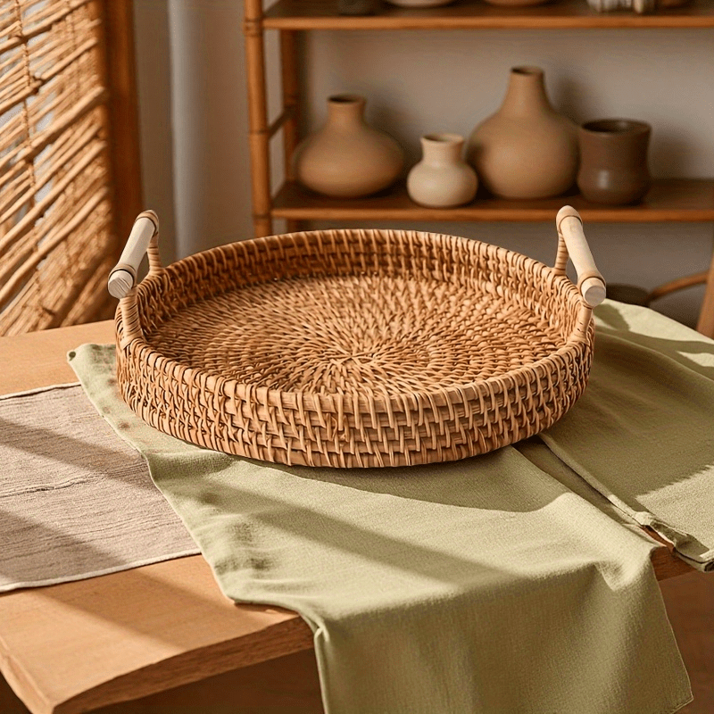 Plateau rond en rotin fait mai - Rattan Tray Handle avis et prix